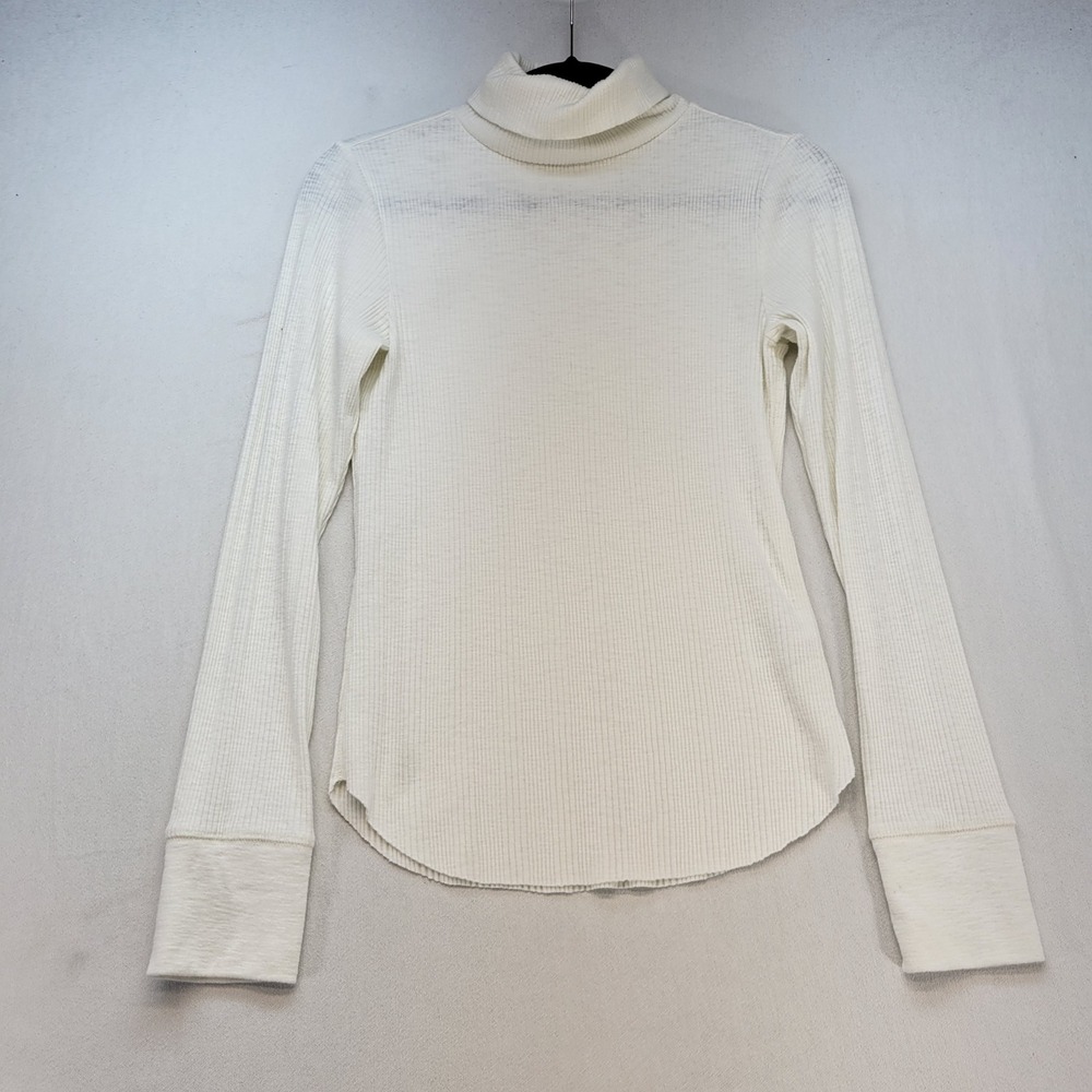 Aerie Turtleneck Top Womens Medium White Ribbed Knit Long Sleeve Curved Hem